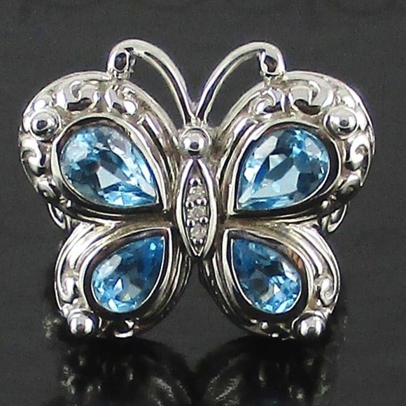 Swiss Blue Topaz & Diamond Butterfly Ring - Picture 2 of 8
